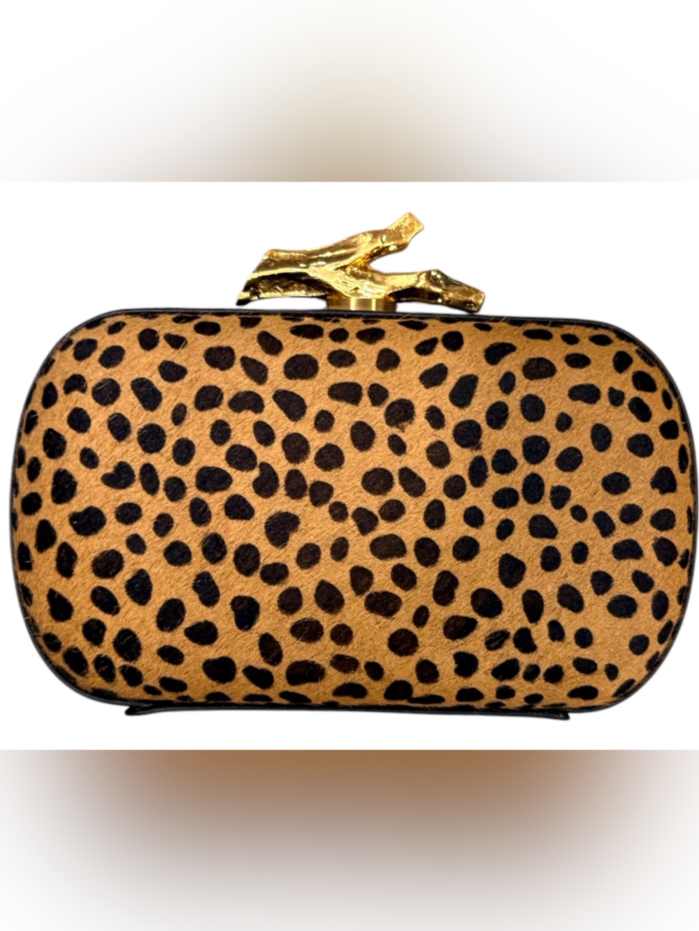 DVF Diane Von Furstenberg Cheetah Calf Hair Box Clutch Gold Chain Strap